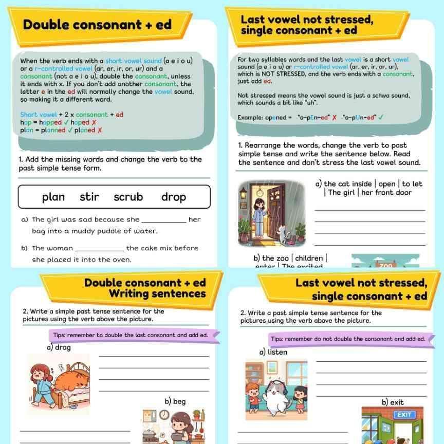 Past Simple tense, Learn regular verb ed rule, Grammar workbook for kids - Fat Cat Books