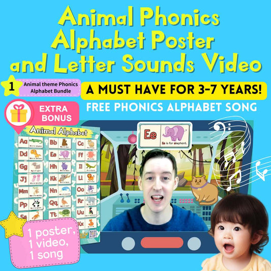 ABC Animal Phonics Alphabet Poster with video and song (British pronunciation)