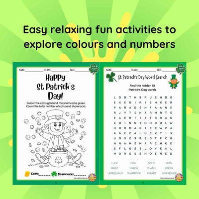 St Patrick's Day All in one Activity Book- Reading, Math & Colouring Worksheets(Ages 4-8)
