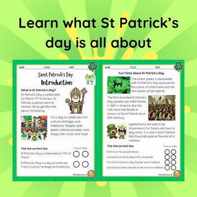 St Patrick's Day All in one Activity Book- Reading, Math & Colouring Worksheets(Ages 4-8)
