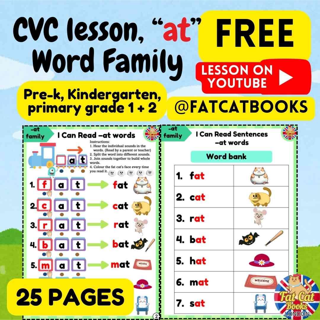 "at" Word Family Phonics worksheets, 3 Letter words, CVC - Fat Cat Books