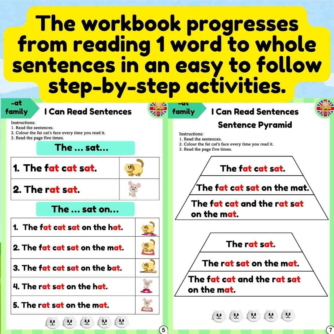 "at" Word Family Phonics worksheets, 3 Letter words, CVC - Fat Cat Books