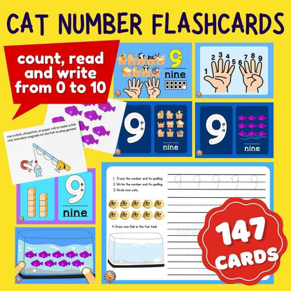 Cat Numbers Flashcards, counting 1 to 10, 0, Tracing, Writing numbers, Spelling - Fat Cat Books