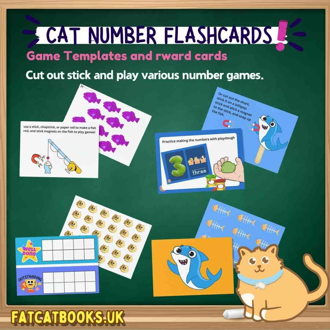 Cat Numbers Flashcards, counting 1 to 10, 0, Tracing, Writing numbers, Spelling - Fat Cat Books