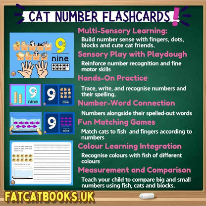 Cat Numbers Flashcards, counting 1 to 10, 0, Tracing, Writing numbers, Spelling - Fat Cat Books