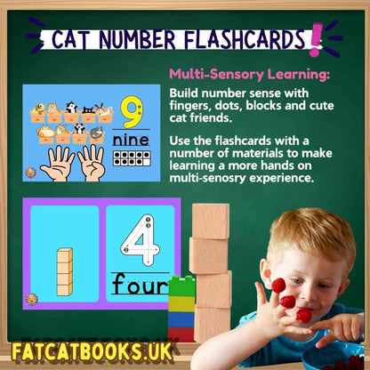 Cat Numbers Flashcards, counting 1 to 10, 0, Tracing, Writing numbers, Spelling - Fat Cat Books