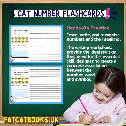 Cat Numbers Flashcards, counting 1 to 10, 0, Tracing, Writing numbers, Spelling - Fat Cat Books