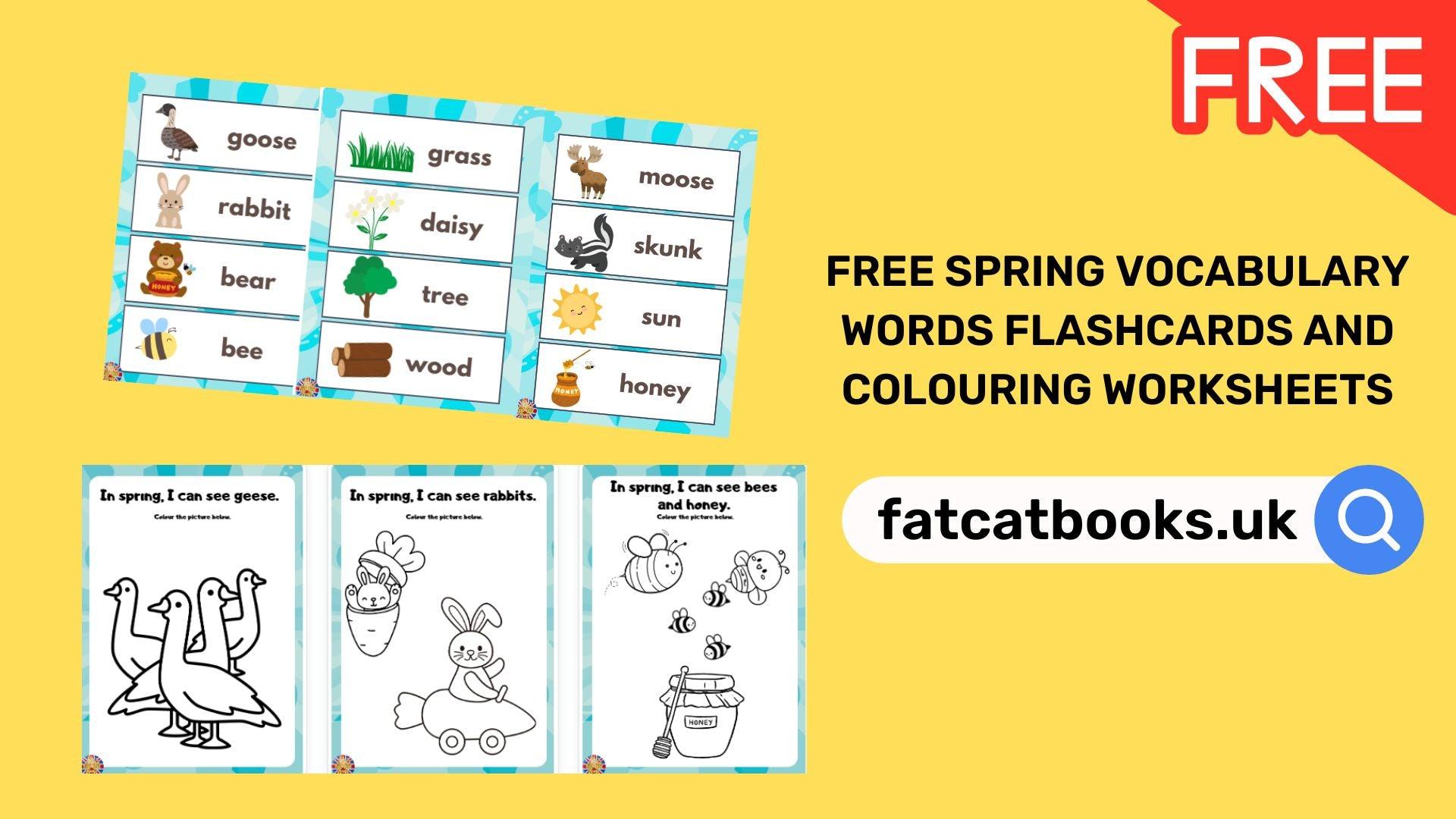 Free Spring Vocabulary Flashcards, Colouring Worksheets - Fat Cat Books