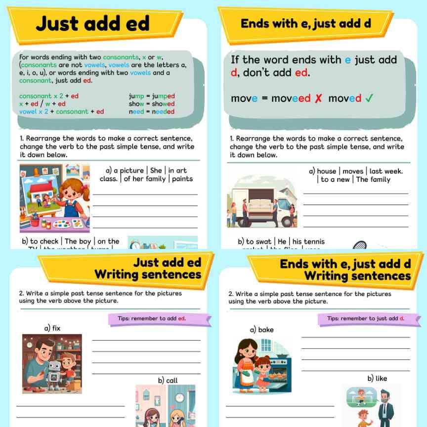 Kids grammar workbook, Past Simple tense, Learn regular verb ed rule, Part 1 - Fat Cat Books