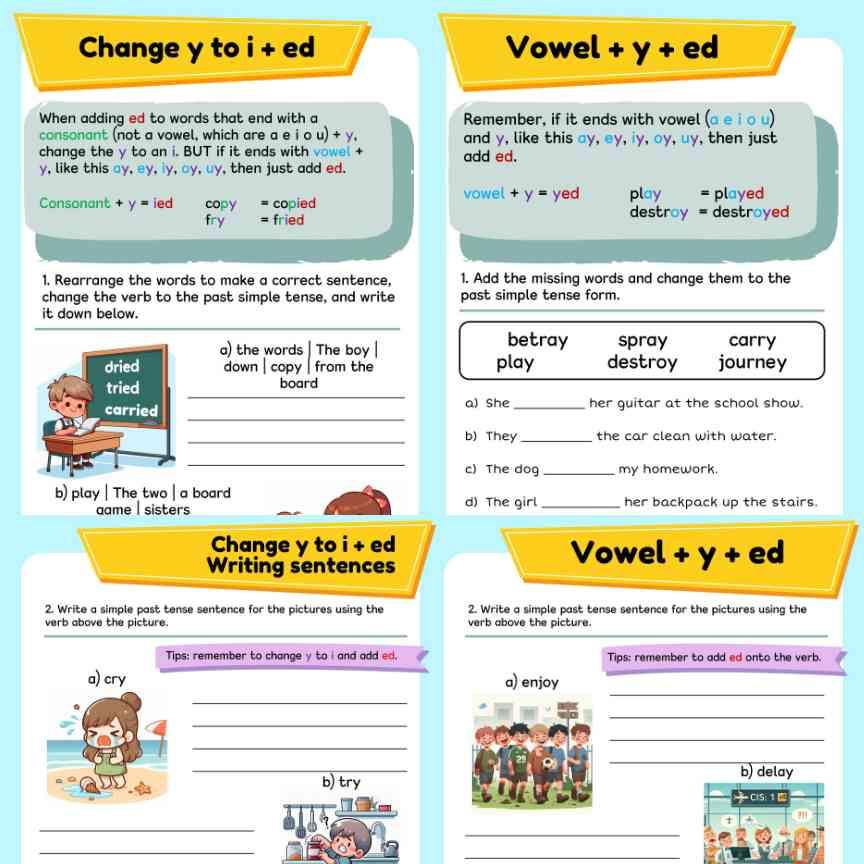 Kids grammar workbook, Past Simple tense, Learn regular verb ed rule, Part 1 - Fat Cat Books