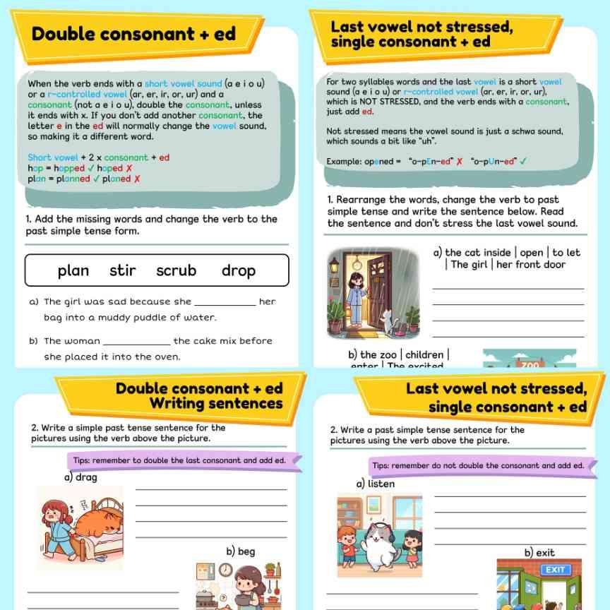 Kids grammar workbook, Past Simple tense, Learn regular verb ed rule, Part 1 - Fat Cat Books